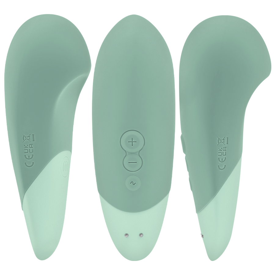 Sage green Womanizer Vibe lay-on vibrator with smooth curved design and control buttons on underside.