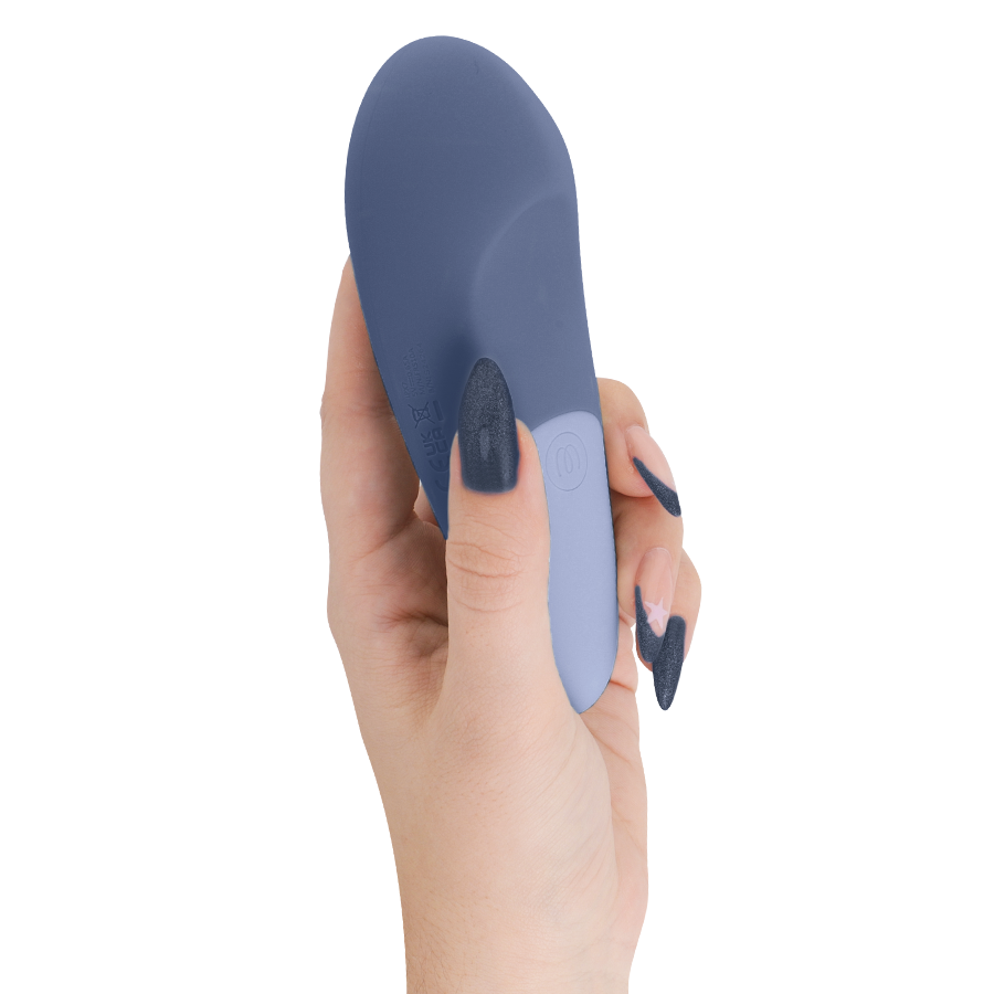 Dark blue ergonomic vibrator with smooth curves held in hand with dark blue nails.