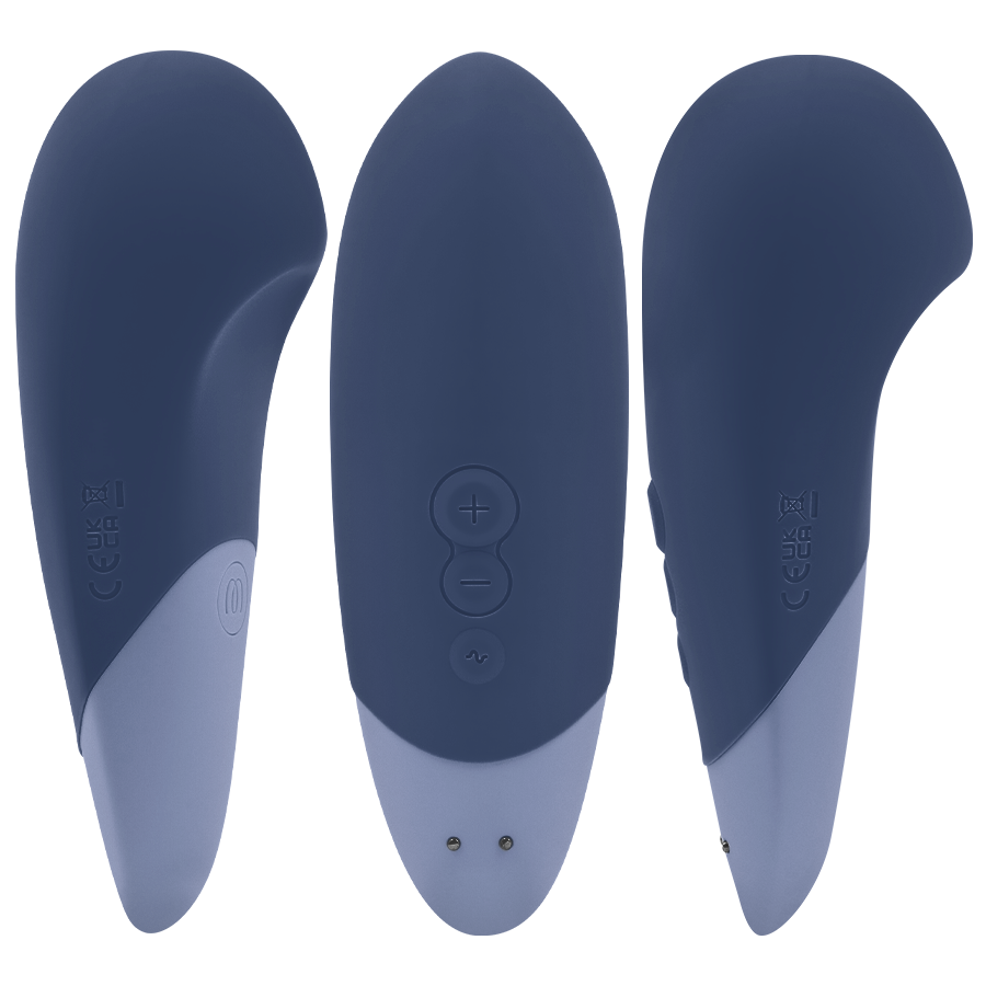 Dark blue and gray compact vibrator with smooth rounded edges and control buttons on one side.