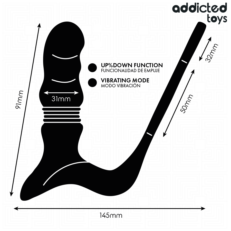 Black prostatic ring with curved shaft, flexible stem, and textured tip, measuring 145mm length.