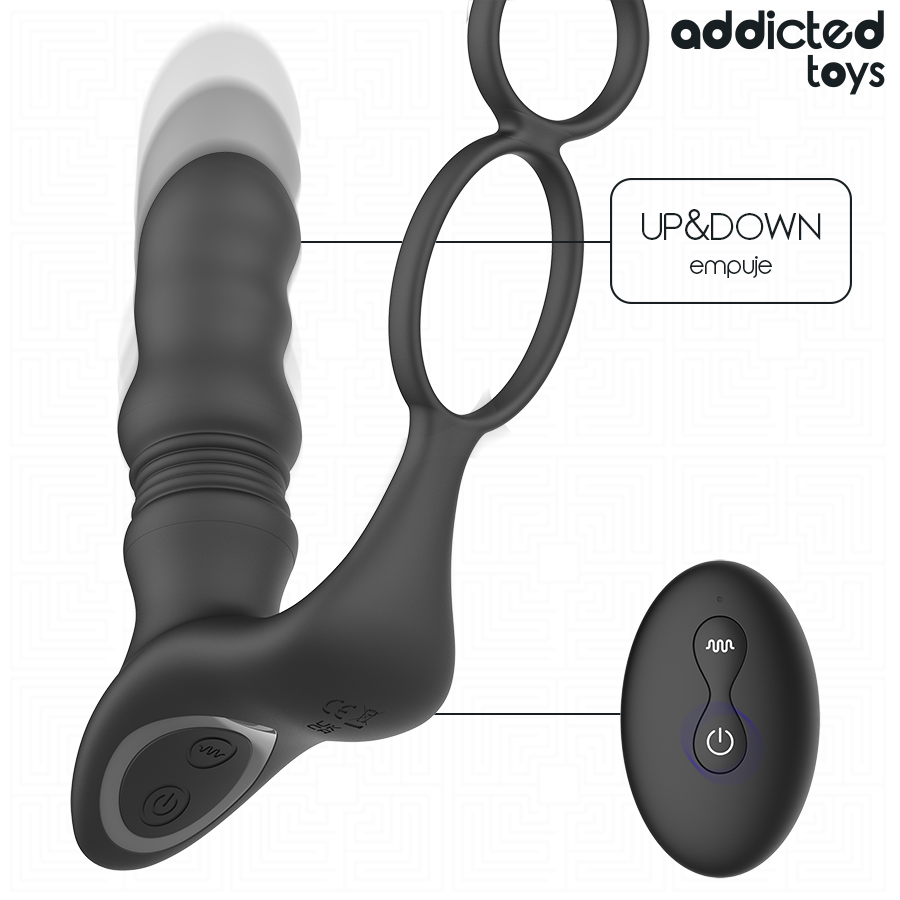 Black textured prostatic ring with dual loops and a wireless remote control with power button.