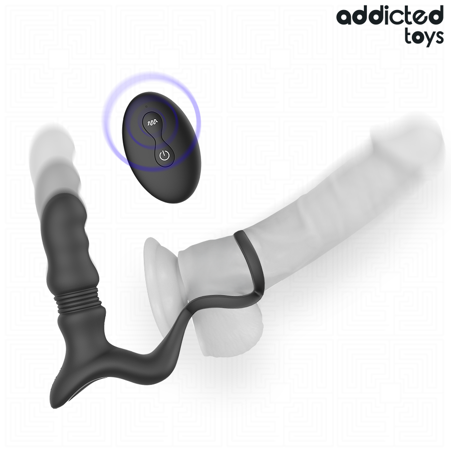 Black prostate massager with textured tip and attached adjustable cock ring, wireless remote included.