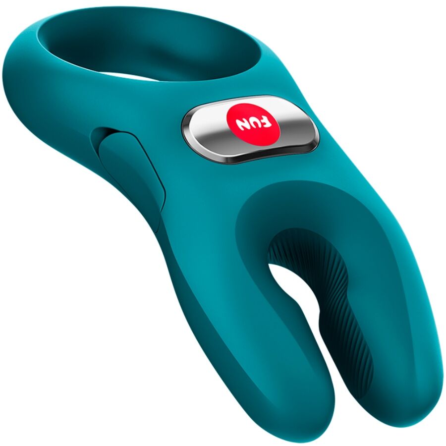 Teal vibrating cock ring with oval control button and U-shaped flexible design.
