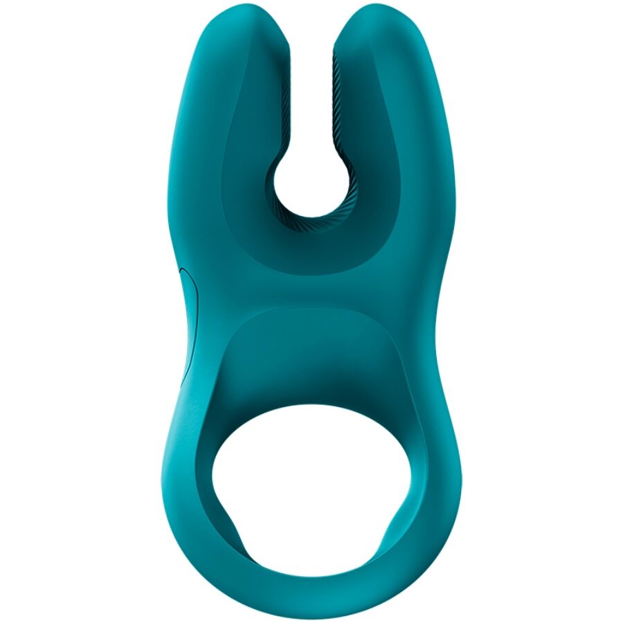 Bottle green vibrating silicone cock ring with split top and rounded edges.