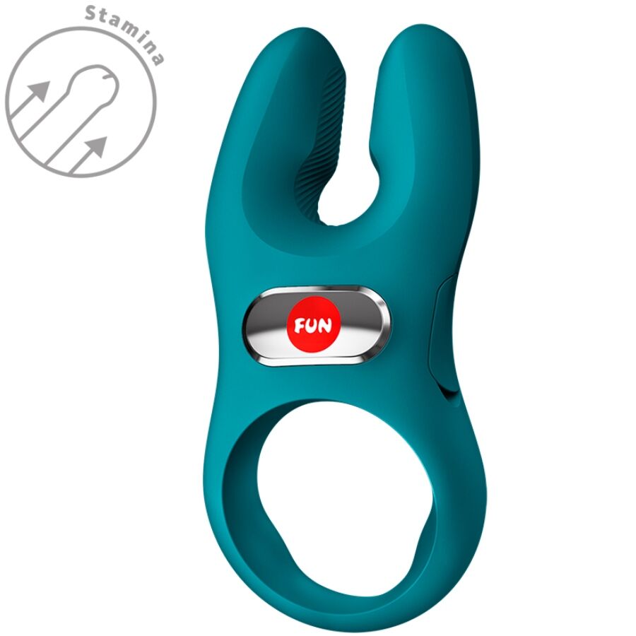 Teal silicone vibrating cock ring with dual prongs and central button labeled "FUN".