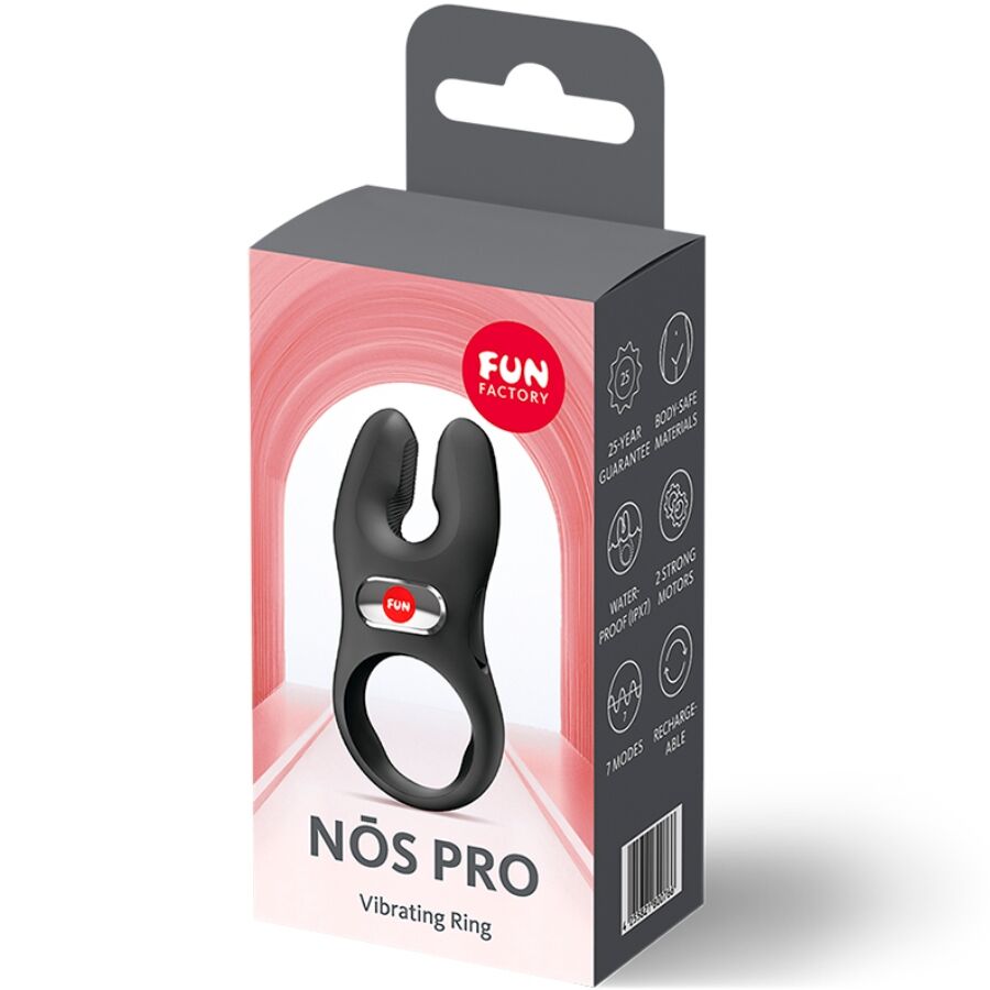 Black silicone vibrating cock ring with ergonomic design in branded Fun Factory packaging.