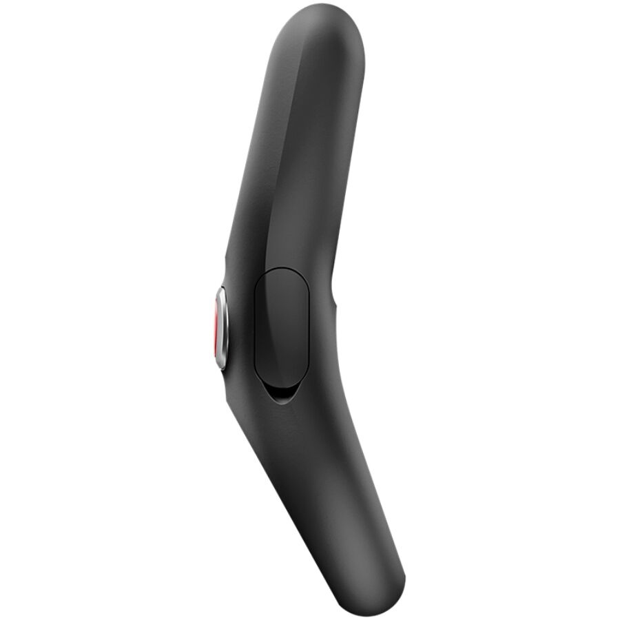 Sleek black vibrating cock ring with smooth, curved design and easy-access control button.