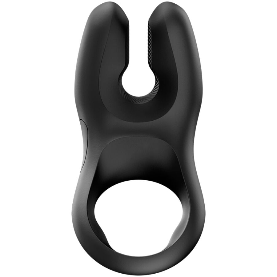 Black vibrating cock ring with soft flexible silicone and U-shaped top design.