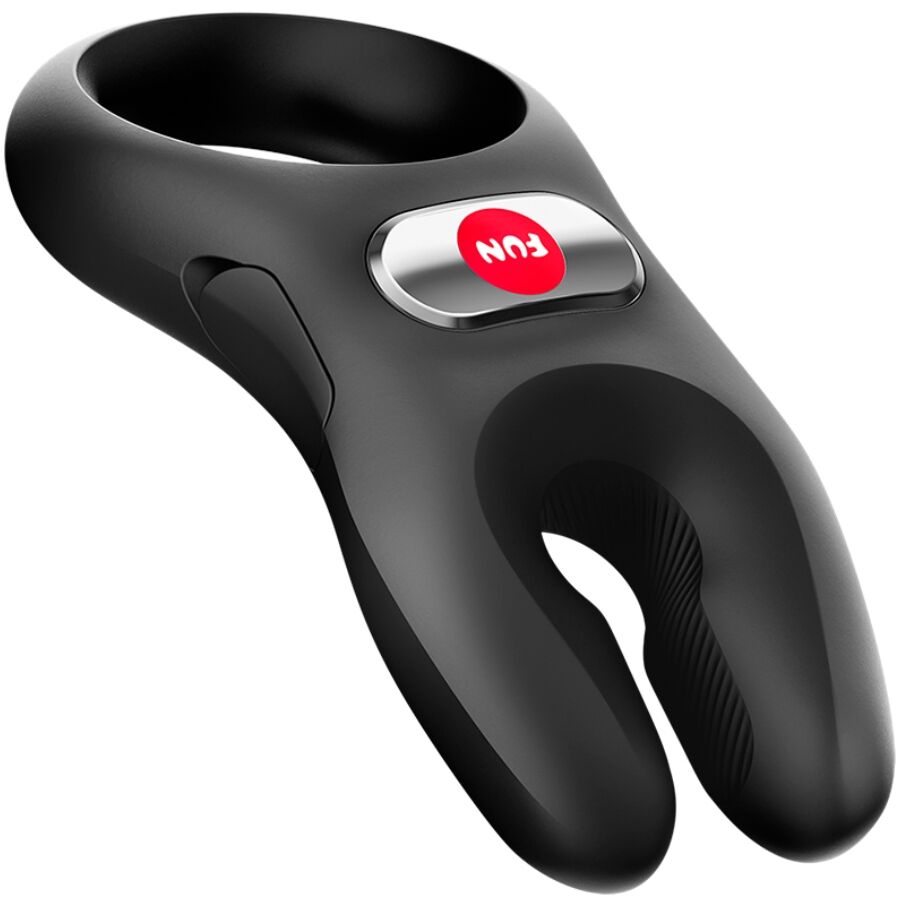 Black silicone vibrating cock ring with ergonomic split design and red Fun Factory logo button.