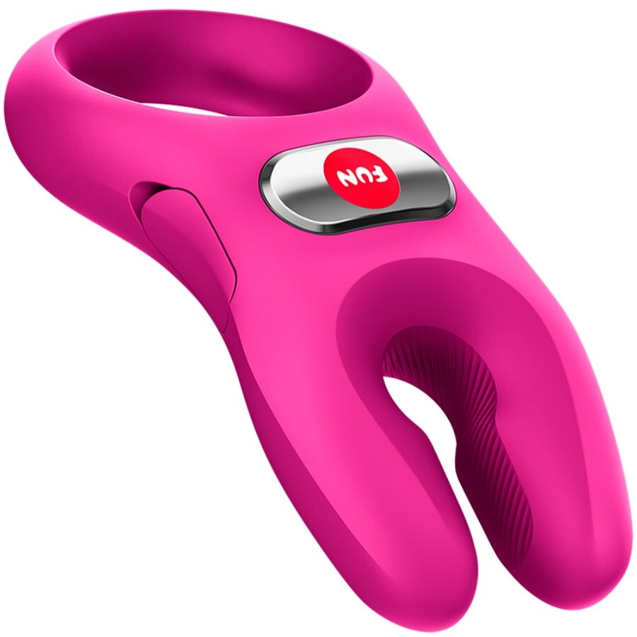 Magenta silicone vibrating cock ring with ergonomic dual-prong design and FUN button.
