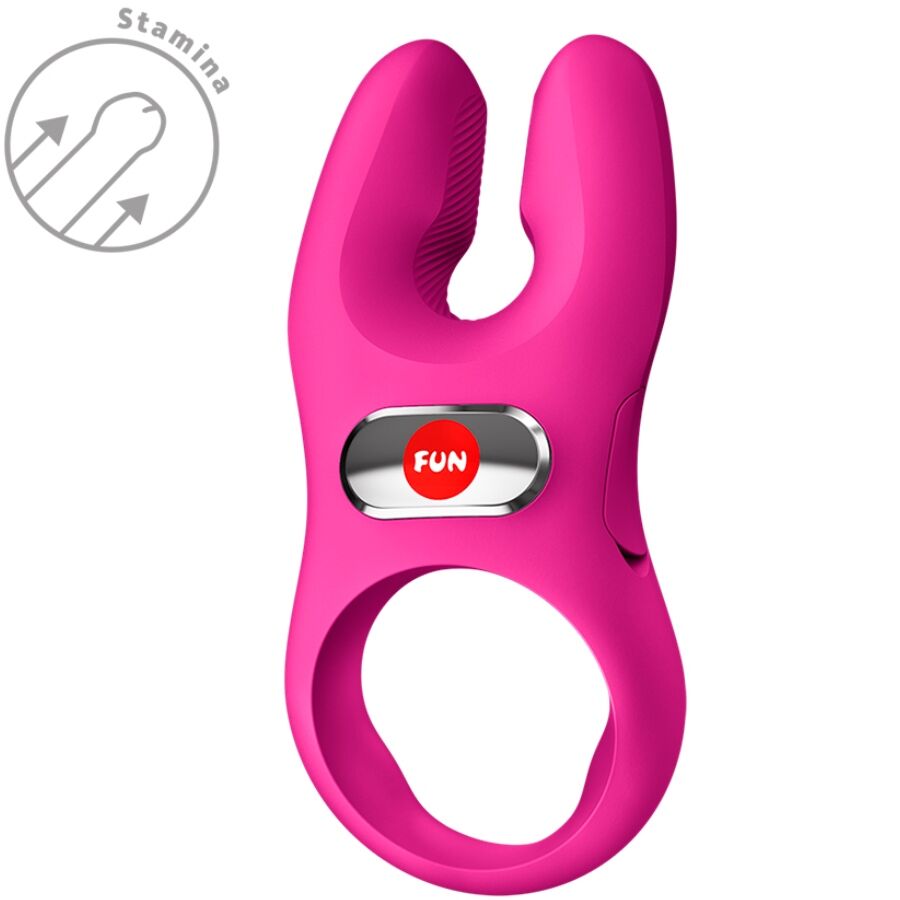 Magenta vibrating silicone cock ring with dual-prong design and Fun Factory logo button.