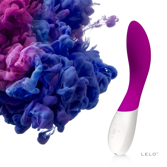 Purple curved silicone vibrator with white base and control buttons next to blue and purple smoke swirl.