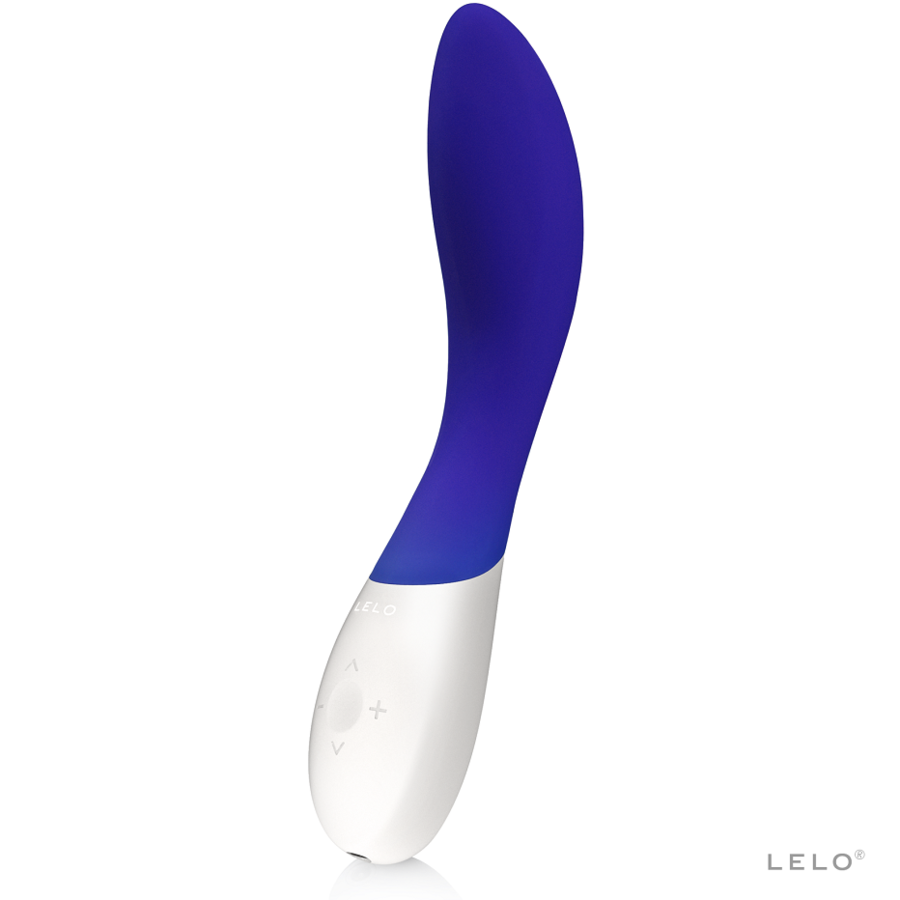 Ergonomic night blue silicone vibrator with curved tip and white control base.