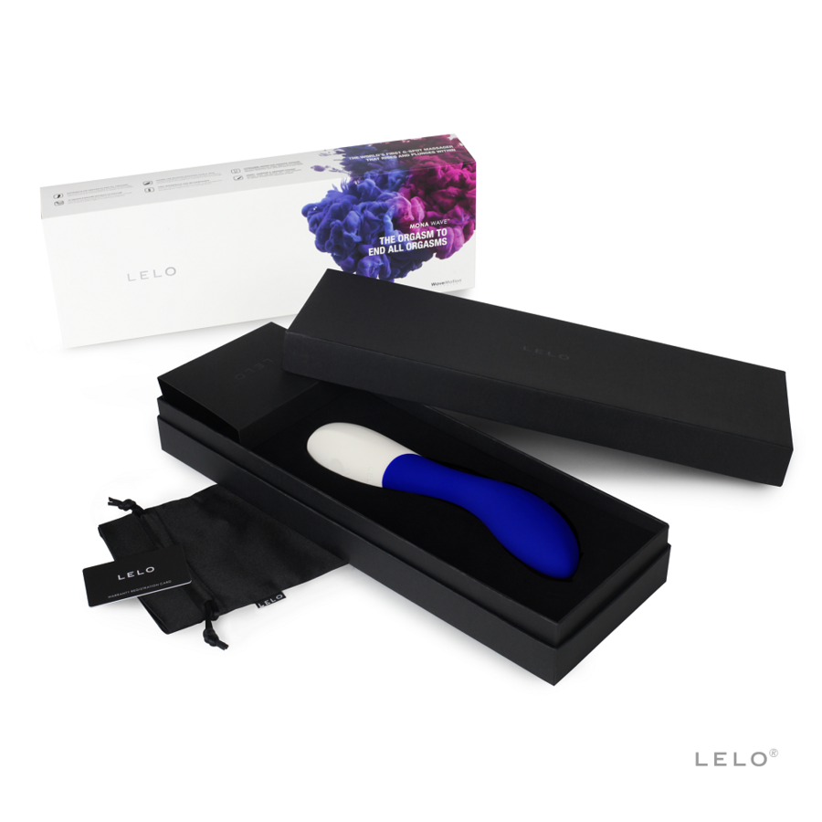 Night blue and white curved LELO Mona Wave vibrator with smooth matte finish in black presentation box and branded pouch.
