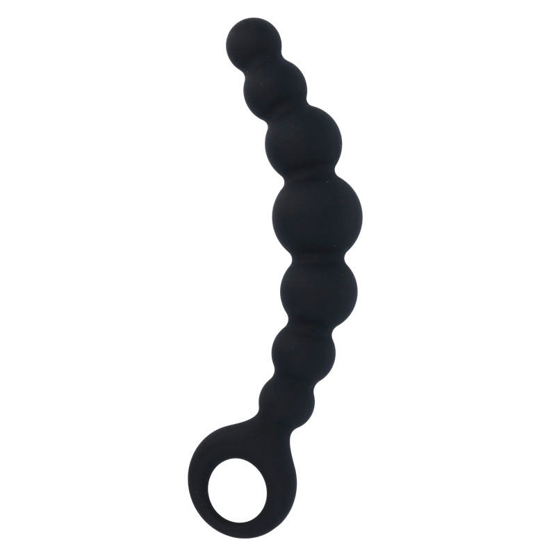 Black silicone anal beads with graduated spherical shapes and a loop handle at the base.