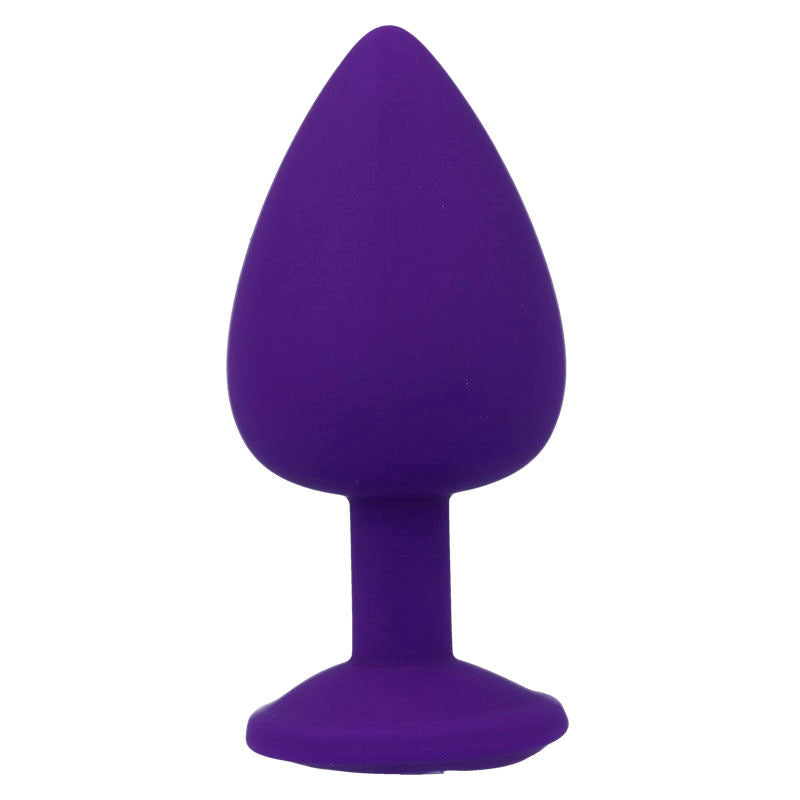 Purple silicone tapered anal plug with wide base and smooth matte finish.
