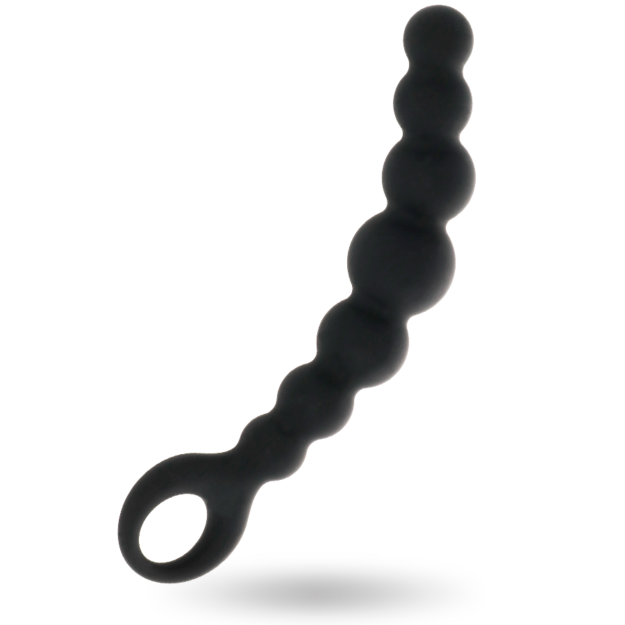 Black silicone anal beads with graduated spherical shapes and a closed loop handle.