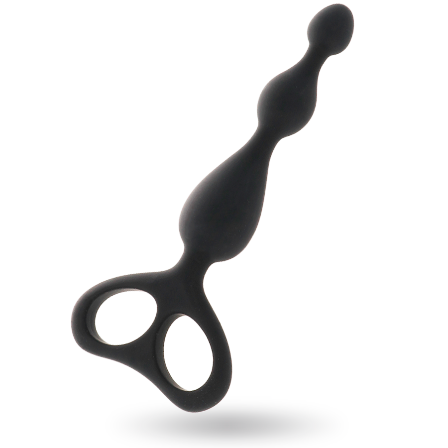 Black silicone anal plug with graduated bulbous shape and dual finger loop handle.