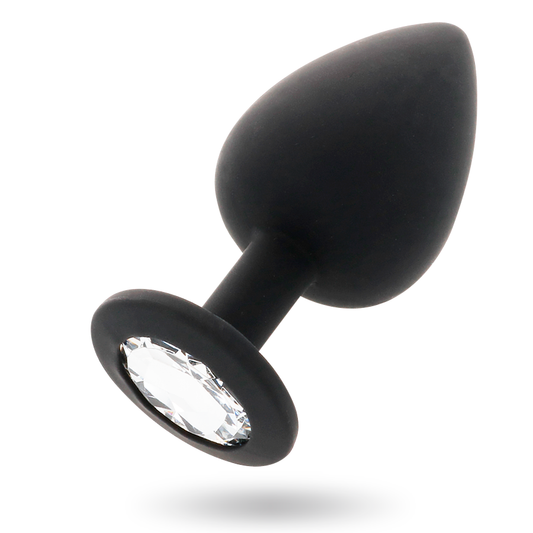 Black silicone anal plug with a tapered tip and a flat base featuring a clear gem.