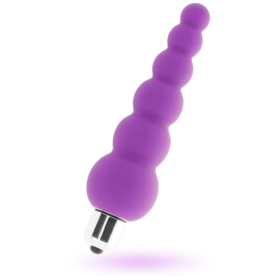 Lilac silicone vibrator with seven graduated rounded beads and silver metallic base.