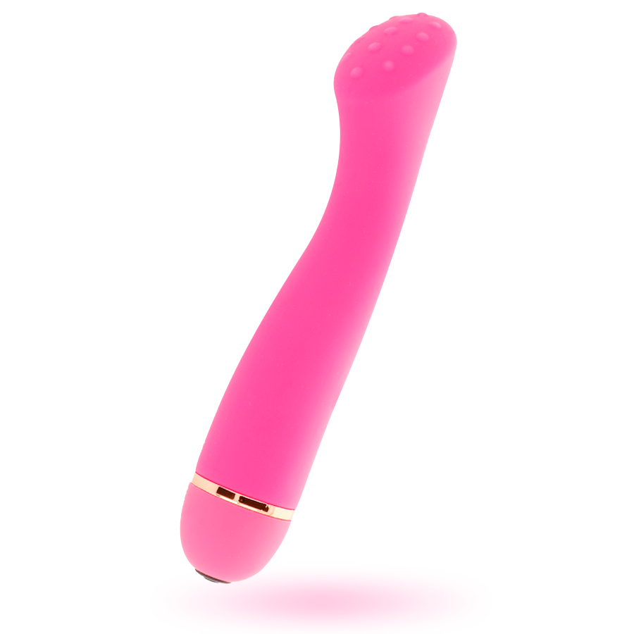 Pink silicone curved personal massager with textured tip and gold accent base ring.